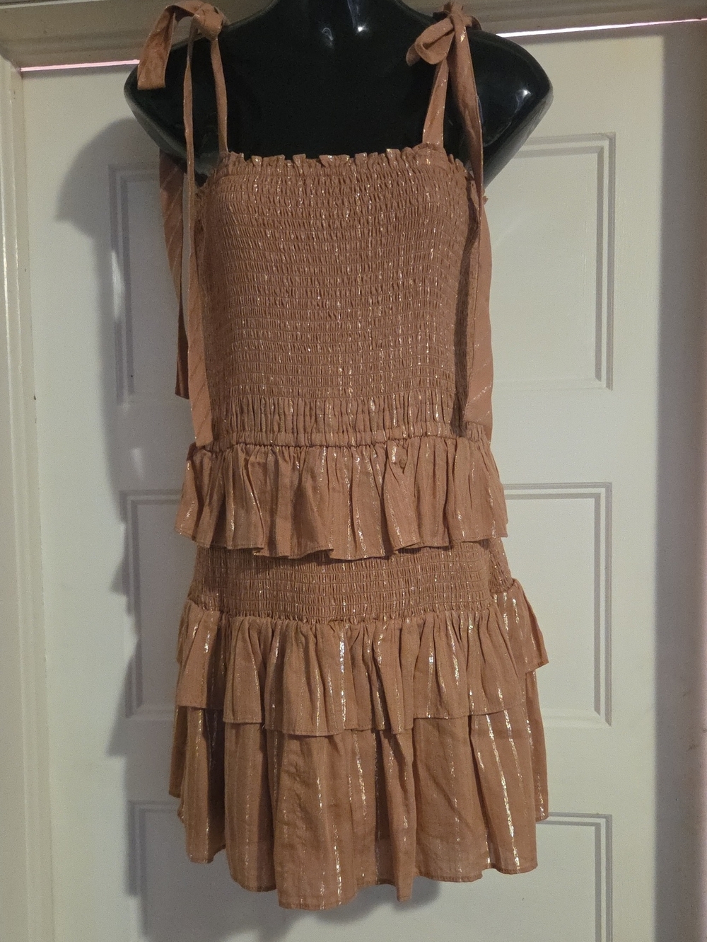 House of Harlow 1960 Shimmery Tan Tiered Ruffle Smocked Dress